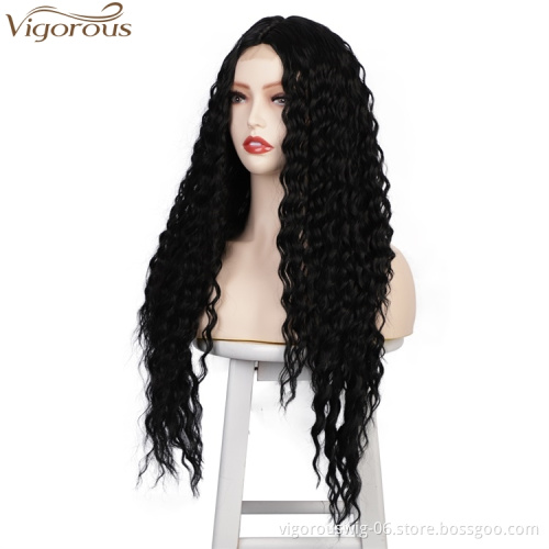 Vigorous Cheap Kinky Curly Wigs Long Synthetic Wigs For Women Middle Part Natual Black Wigs Heat Resistant Fiber Wholesale Price
